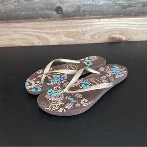 HAVAIANAS Brown Slim US 6 (37-38) Blue/Silver Peacock Feathers Flip Flops EUC